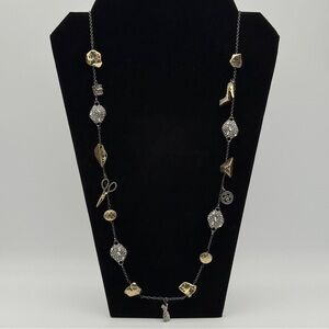 Cabi Fashion Charm Necklace | 32–35” | Scissors, Dress, Button, Crystals